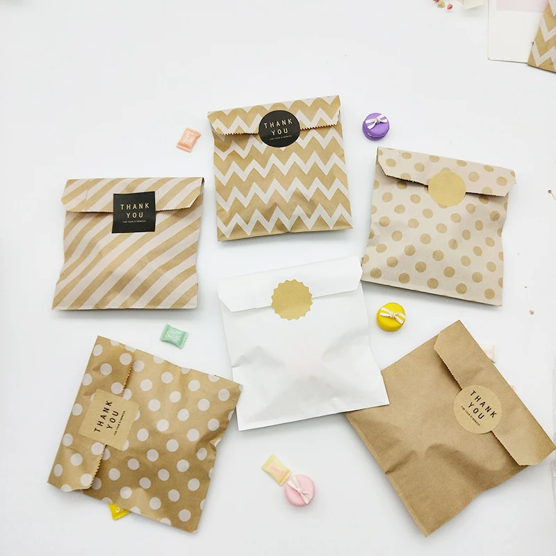 

Kraft Paper Bag 25pcs Candy Biscuit Popcorn Bags Brown White Wave Dot Packing Pouch Pastry Tool Wrapping Wedding Party Supplies