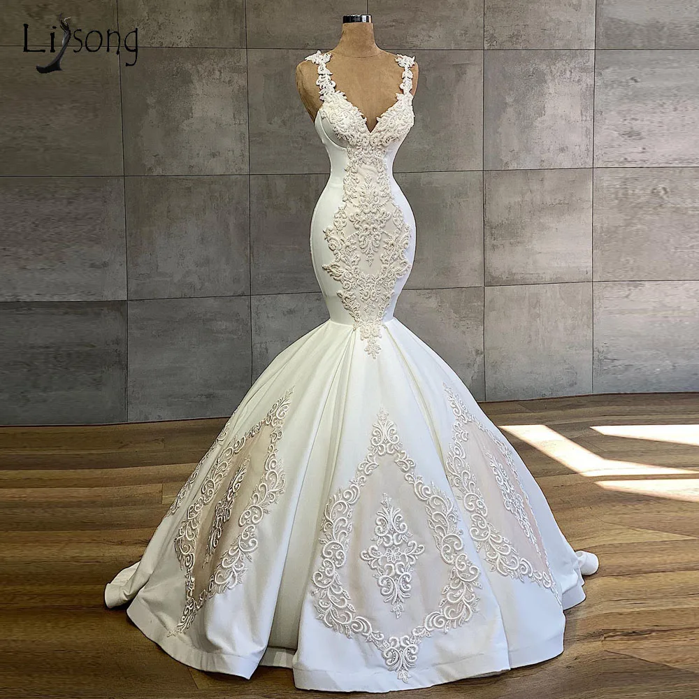 

Modest Lace Beaded Mermaid Wedding Dresses 2020 Real Image High End Bridal Gowns Appliques Pearls Wedding Gowns 2020