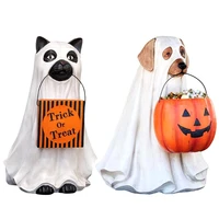 halloween ghost dog cat statue with pumpkin candy bowl resin trick treat decor dropshipping