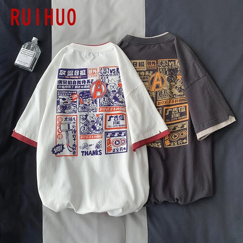 

RUIHUO Cotton T Shirt For Men Clothing Japanese Streetwear T Shirt Men Harajuku T-Shirts Hip Hop 2XL 2022 Summer New Arrival