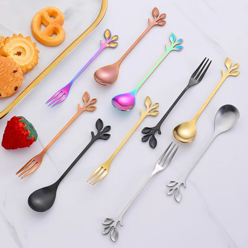 

Ins Fresh Style Japanese and Korean Stainless Steel Spoon Creative Leaves Stir Coffee Spoon Small Spoon Fruit Moon Cake Fork