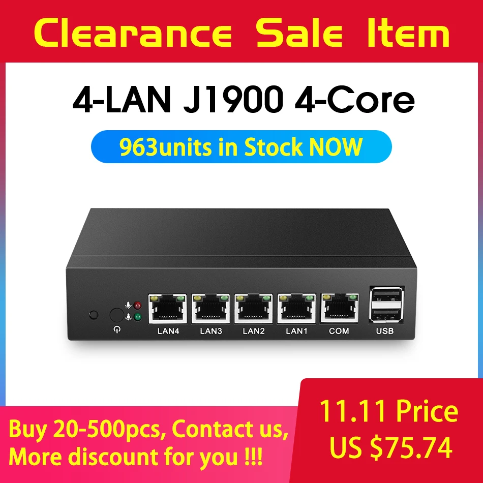 Безвентиляторный мини-ПК pFsense Celeron J1900 Четырехъядерный 4 гигабитный сетевой маршрутизатор Windows 10 тонкий клиент 4 RJ45 VGA Мини компьютер