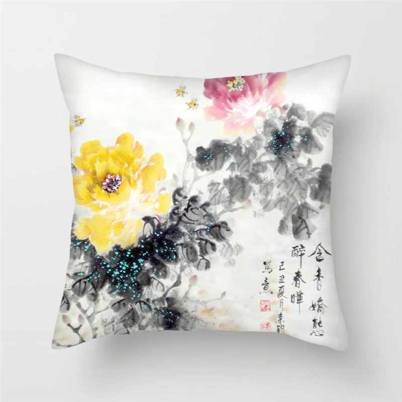 Декоративный чехол для подушки с цветочным принтом и птицами | Дом сад