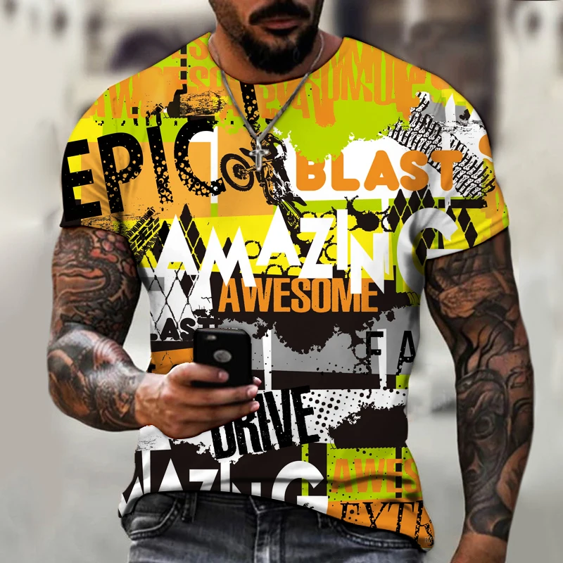 

New Design Trend Graffiti Printed T-shirt Letter Cartoon Geometric Stripe cClor Matching Short Sleeve Men's Round Neck Tops