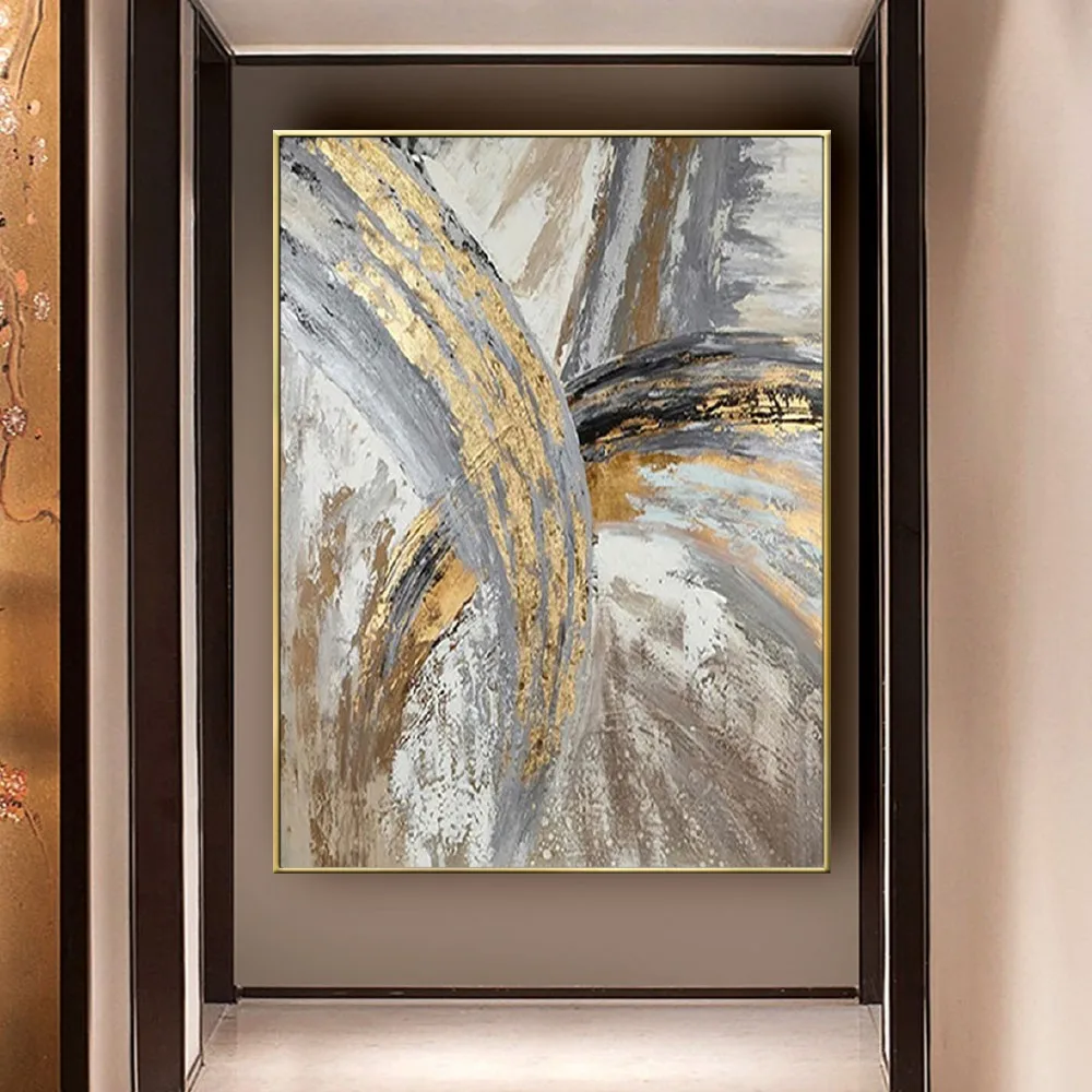 

Modern home decoration wall art hand-painted oil painting abstract gold foil outline picture canvas painting living room mural