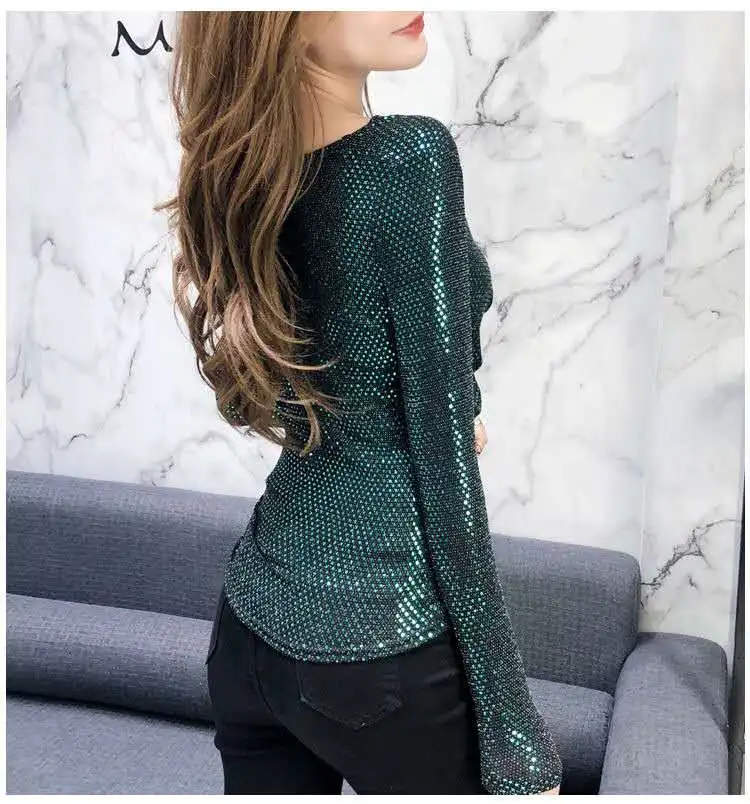 Корейская Осенняя Блестящая футболка с V-образным вырезом и бусинами женская