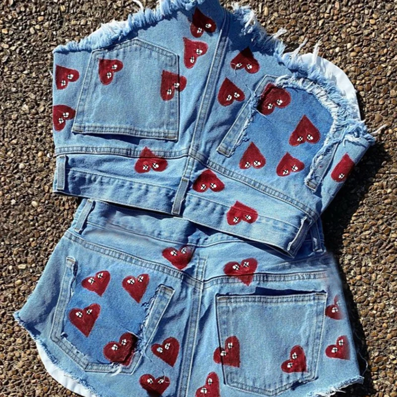 

CIBBAR Heart Printing High Waist Vintage Hipster Casual Basic Denim Shorts Harajuku Women Summer Elasric Female Streetwear 90s