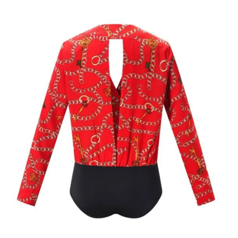Sexy Deep V Neck Long Sleeve Blouse Casual Playsuit Vintage Print Bodysuit Women Tops | Женская одежда