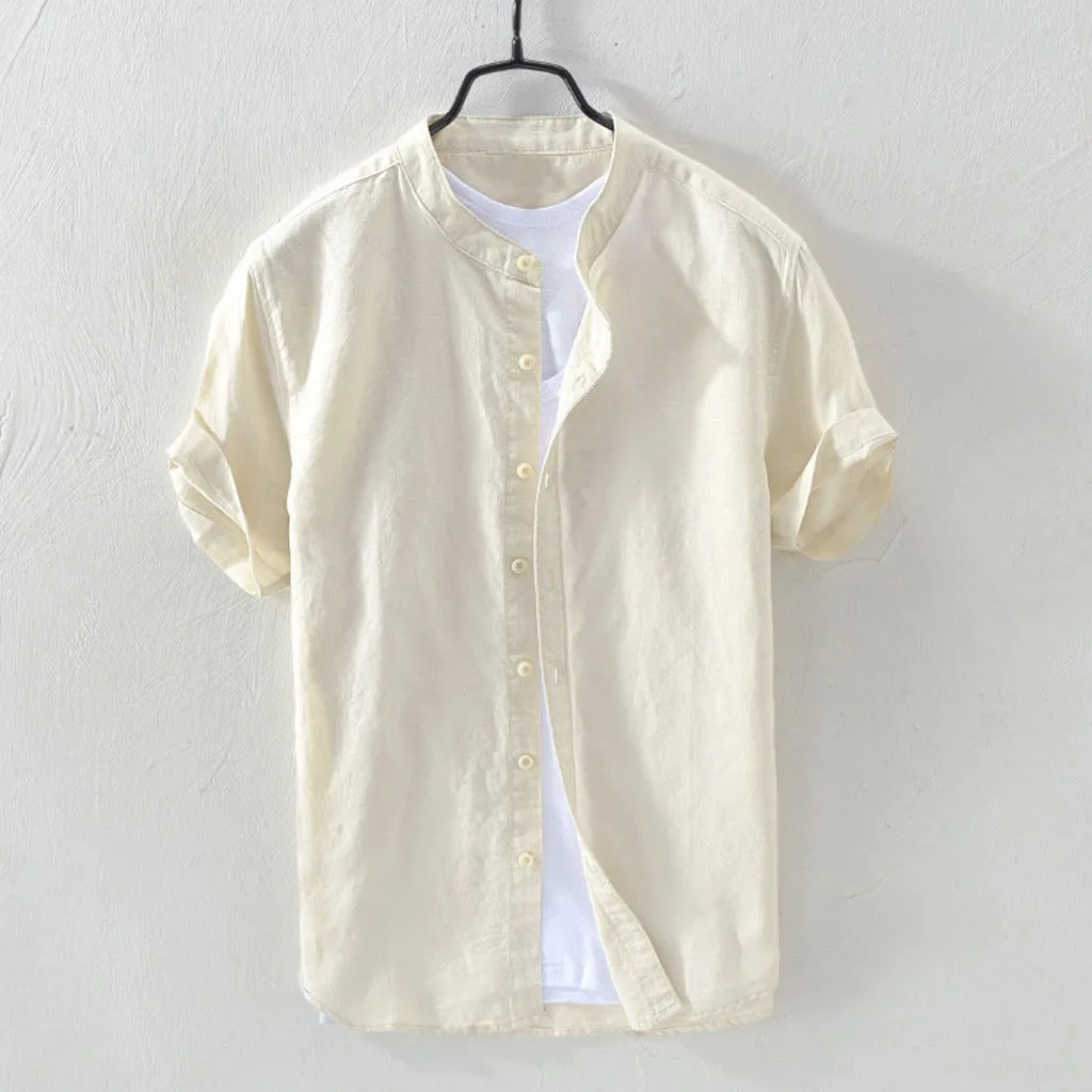 

Linen Shirt Men Summer Hawaiian Shirt Men Stand Collar Retro Short Sleeve Tops 2022 Casual Shirts Streetwear Brand