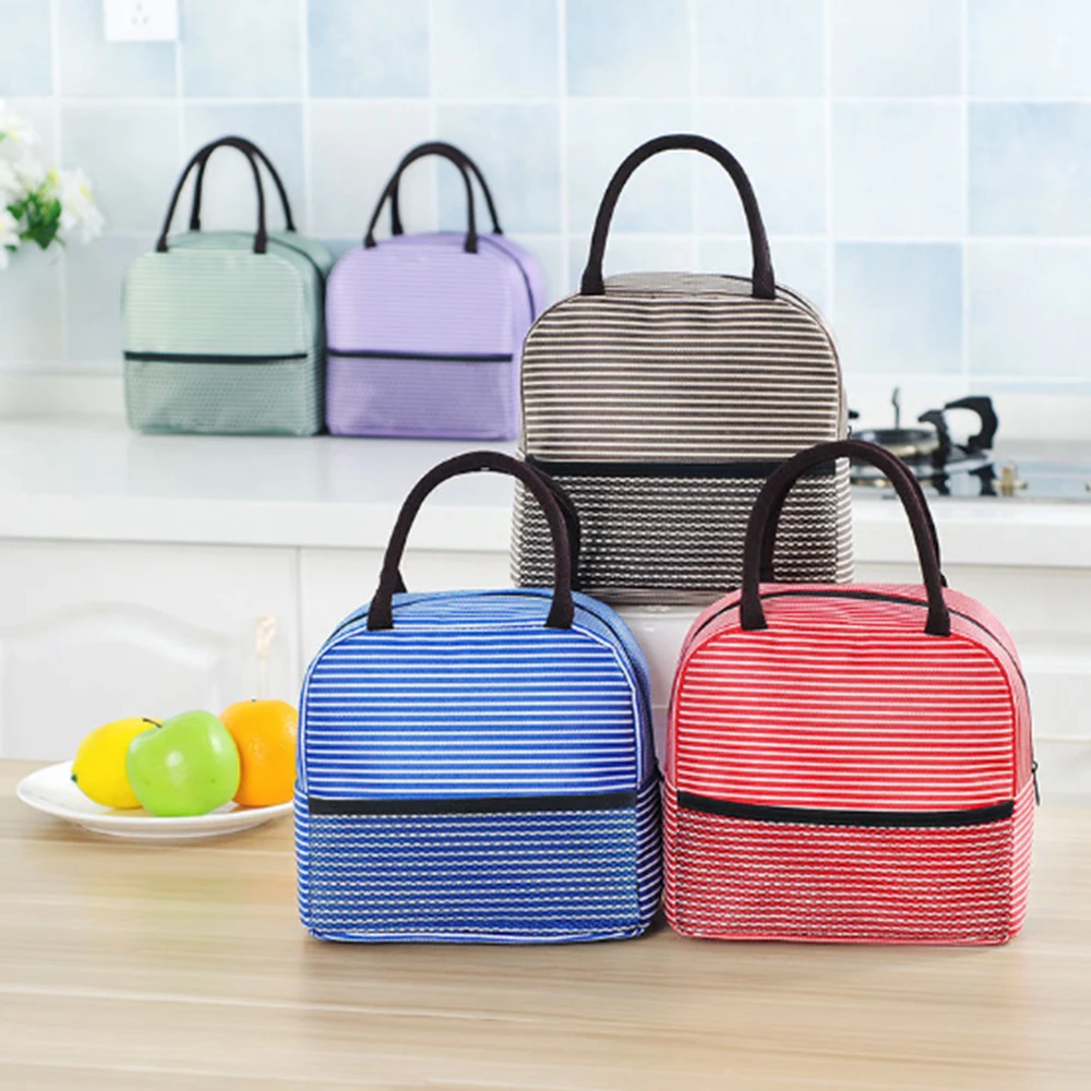 

Portable Stripe Lunch Bag Student With Lunch Box Bag Insulated Lunch Bag Thick Aluminum Film Lunch Bag