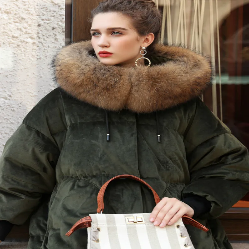 Winter Coat Female Thick Warm Women's Down Jacket Raccoon Fur Hooded 2020 Korean Vintage Velvet Long Duck W1297 | Женская одежда