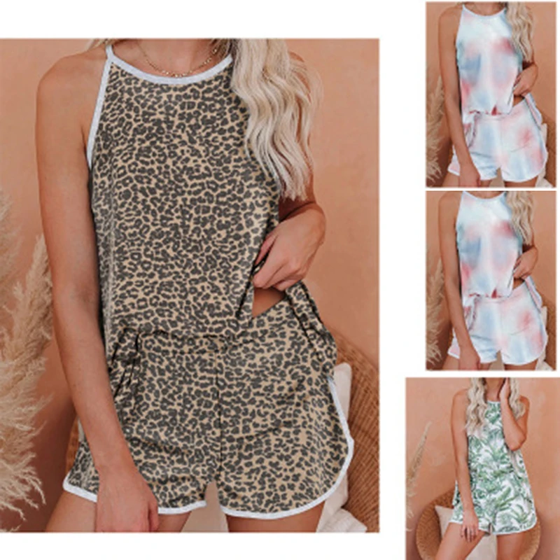 

Strap Short Women Pyjamas Set Print Summer Home Suit Female Sleepwear Fashion Loose Loungewear Nightgown