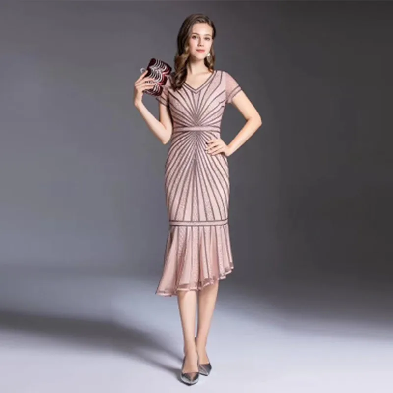 

2020 Summer Elegant Party Dress Ladies Temperament V Neck Short-sleeve Women Dresses High-quality Asymmetrical Mermaid Dress