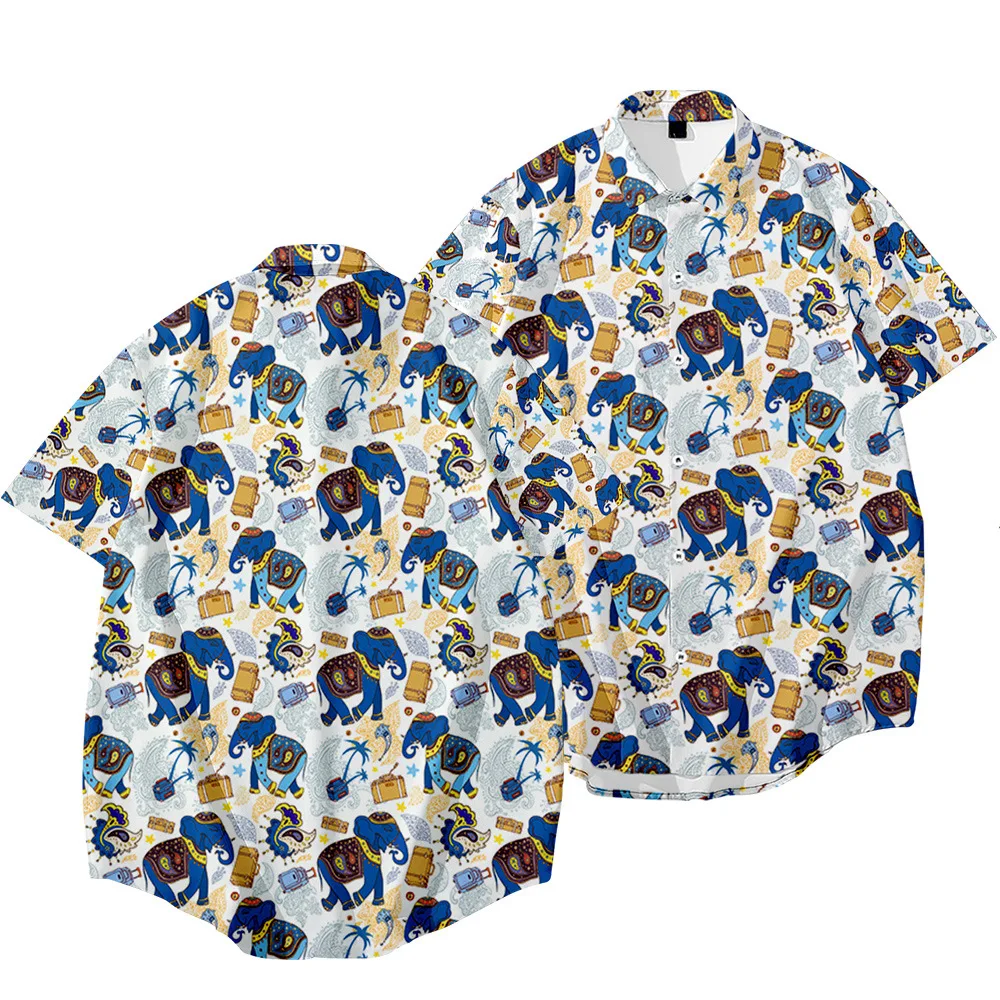 

Men Elephant Printed Short Sleeve Casual Hawaiian Shirt Summer Loose Beach Holiday Clothing Fashion Blouse