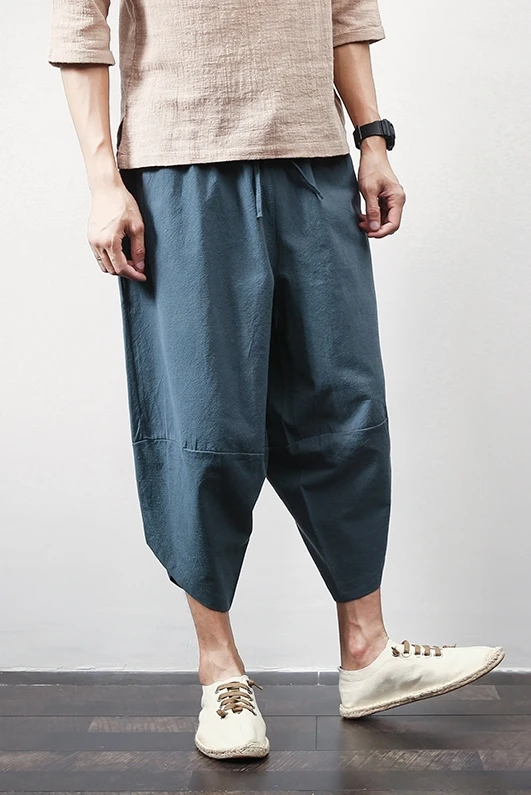 Шаровары мужские из хлопка и льна повседневные брюки до щиколотки однотонные