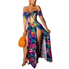 Hirigin Новое Бохо Цветочное платье макси с открытыми плечами глубокий v-образный вырез женское платье с высоким разрезом летнее праздничное женское сексуальное длинное платье