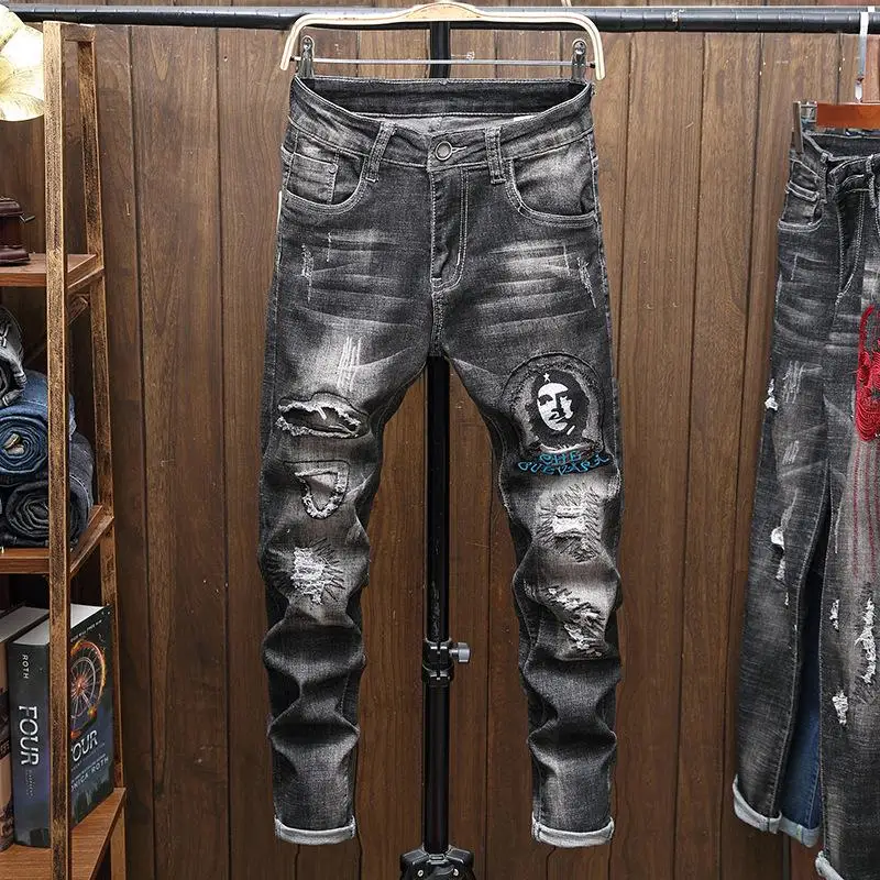 

Men's Jeans Ripped Denim Pants Stretch Motor Straight Vintage Trousers