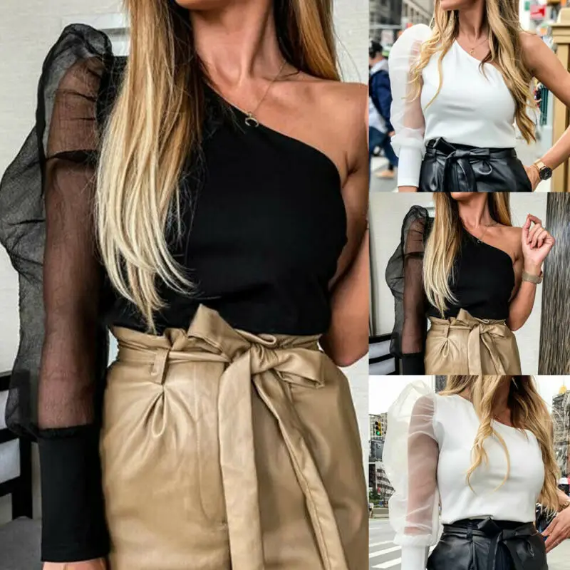 

Mesh Net Women Blouse Sheer Puff Sleeve One Shoulder Shirt Sexy Tops