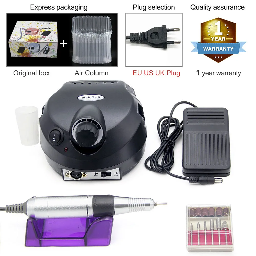 202 Black US UK Plug LKE, 35000-20000 ОБ/мин, электрические сверла для ногтей, набор, маникюрная машина, мельница для педикюра, аксессуары, крепкий аппарат, ручка для маникюра - Цвет: 202 Black US UK Plug