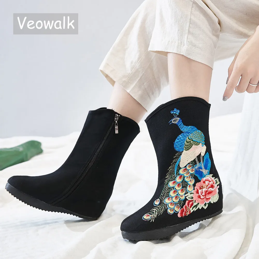 Veowalk Sequins Peacock Embroidered Women Cotton Fabric Short Boots Hidden Wedge Platform Comfortable Autumn Shoes for Ladies | Обувь