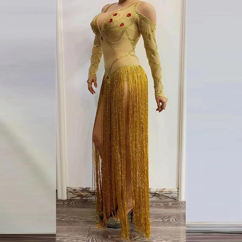Sexy V-neck Long Sleeve Transparent Mesh Gold Rhinestones Long Tassel Bodysuit Women Singer Dancer Models Adult Stage Costume