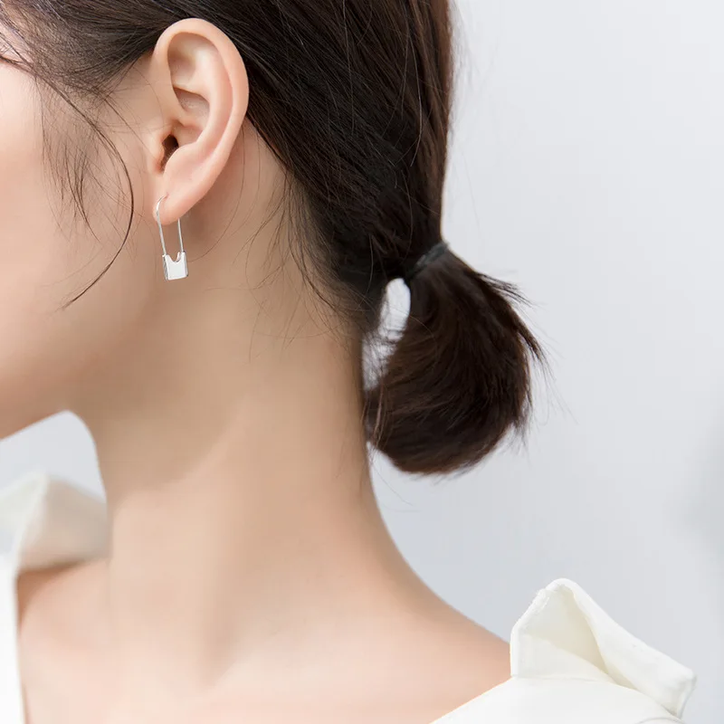

925 Sterling Silver Minimalist Fashion Style Lock Paper Clip Shape Stud Earrings For Women Lady Girls Jewelry Gift