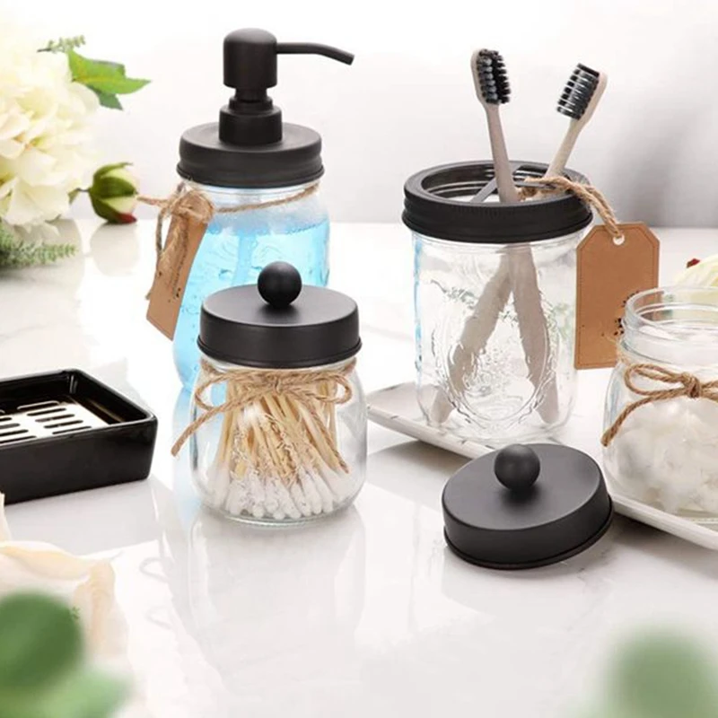 

Mason Jar Bathroom Accessories Lids Set(4Pcs),Toothbrush Holder,Apothecary Storage Jars Lids for Regular Mouth Mason