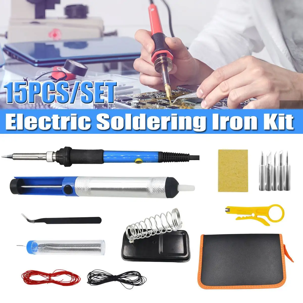 

15PCS/Set 60W 110V/220V Electric Soldering Iron Kit with Adjustable Temperature Welding Iron Full Set Electronic Repair Tool