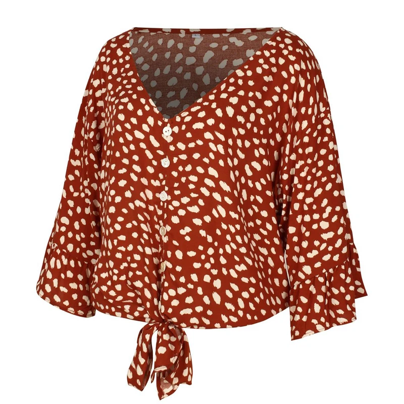 Блузка в горошек Женская Повседневная на пуговицах с расклешенными рукавами