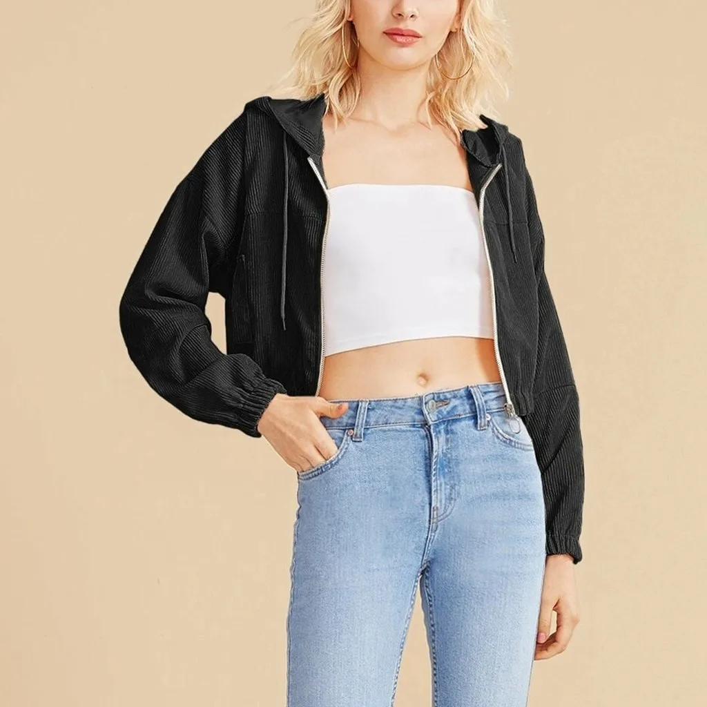 Zip Up Hoodie Women Casual Solid Corduroy Zip-up Pocket Shirt Hooded Sweatshirt Cropped Jacket Sudaderas Women's Sweatshirt
