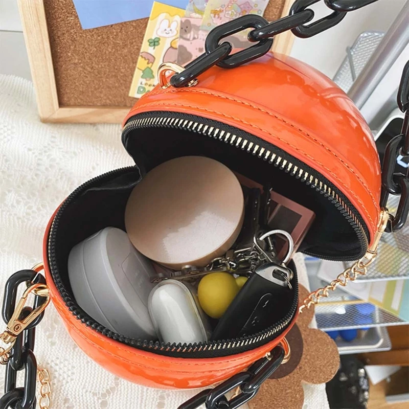 

Pumpkin Crossbody Hand Chain Bag PU Leather Round Shape Shoulder Purse For Women Fashion Halloween Clutch Bag Devil Tote Bag