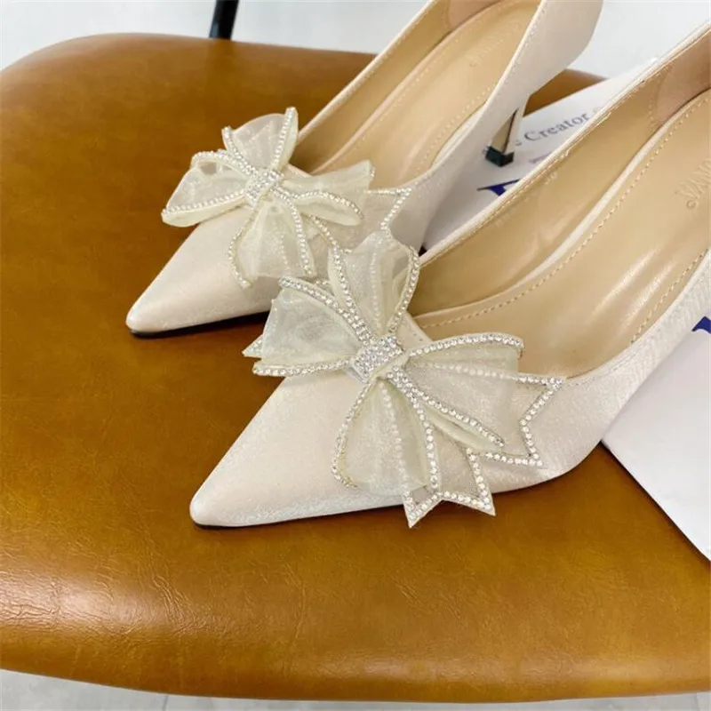 

2021 new style rhinestone women's shoes with bow hot sale ladies shoes pointed toe high quality 8CM high heels size 4-8 9 BBZAI