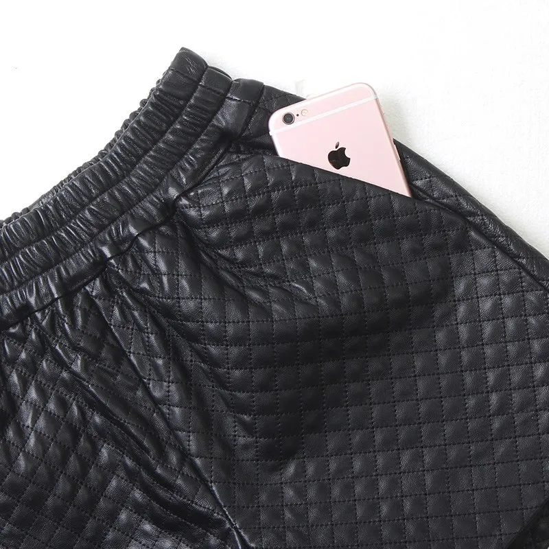 

Shorts 100% Genuine Leather Women Elastic High Waist Wide Leg Casual Shorts Autumn Winter Street Plaid Black A-Line Shorts