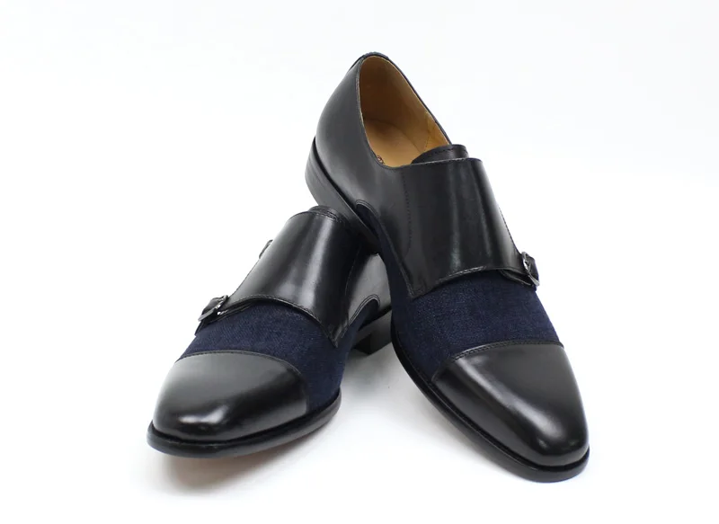 DANIEL WAFER Brand Designer Monk Strap Mens Dress Shoes Genuine Leather With Denim Black Brown Wedding Party Dress Shoes Men