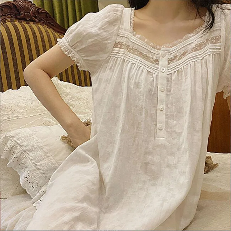 Short Sleeves Nightgown For Women Soft Pure Cotton White Nightie Summer Breathable Lace Night Dress Long Mid-Calf Loose Homewear