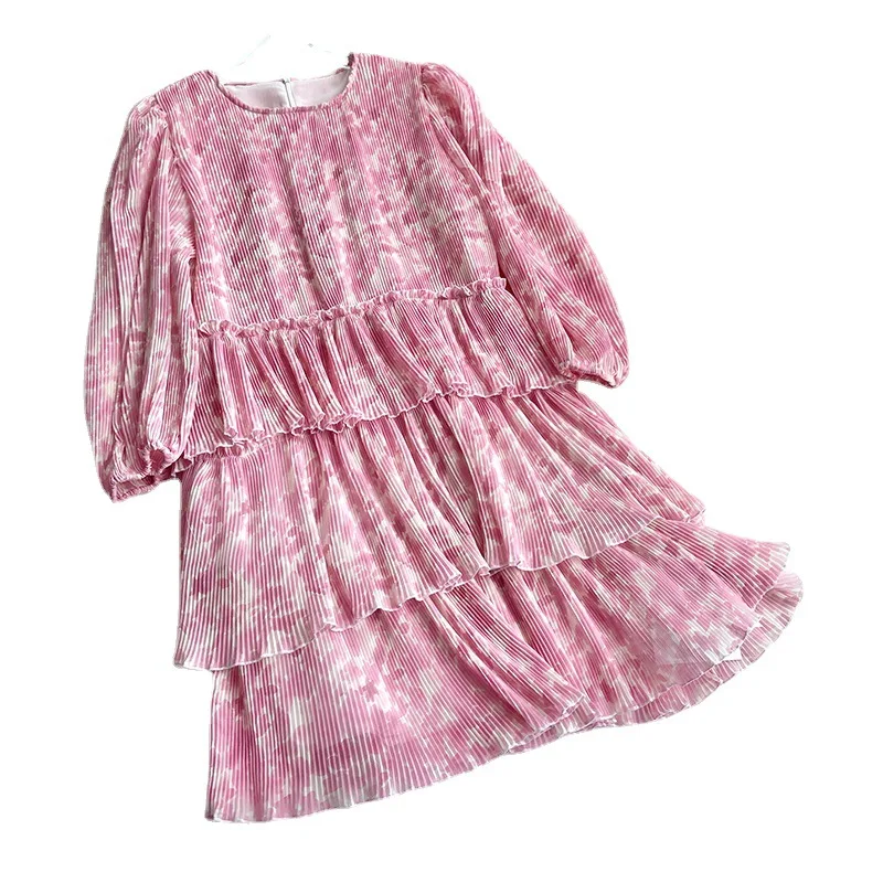 

Women Dress 2021 Amoi Ruffled Sweet Rose Pink Cake Pleated Three-quarter Sleeve Dress