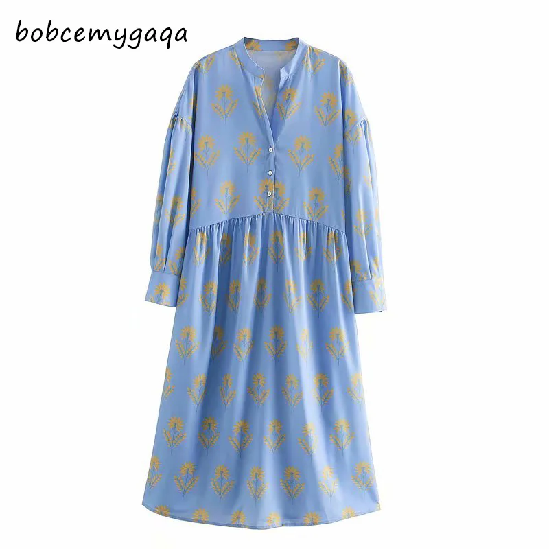 Женское платье-рубашка с длинным рукавом синее свободное платье цветочным