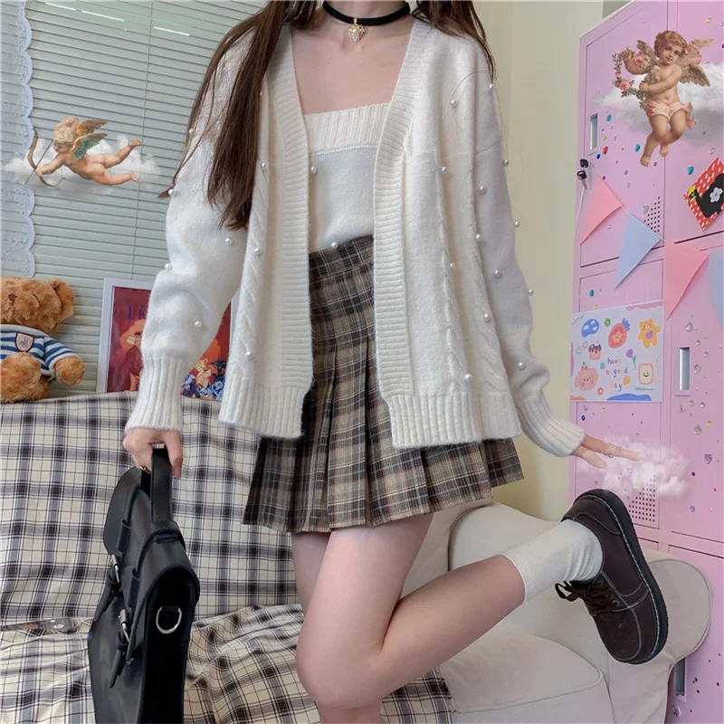 

Зимний милый кашемировый свитер, женский милый розовый костюм из 2 предметов, кардиган, жакет, мягкая женская винтажная юбка с V-образным выр...