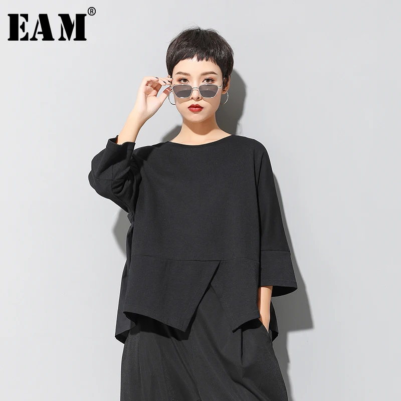 

[EAM] Women Black Irregular Split Joint Big Size T-shirt New Round Neck Three-quarter Sleeve Fashion Spring Summer 2021 1U321