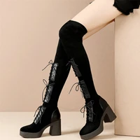 women genuine leather chunky high heels over the knee high boots female winter stretchy velvet platform pumps shoes casual shoes