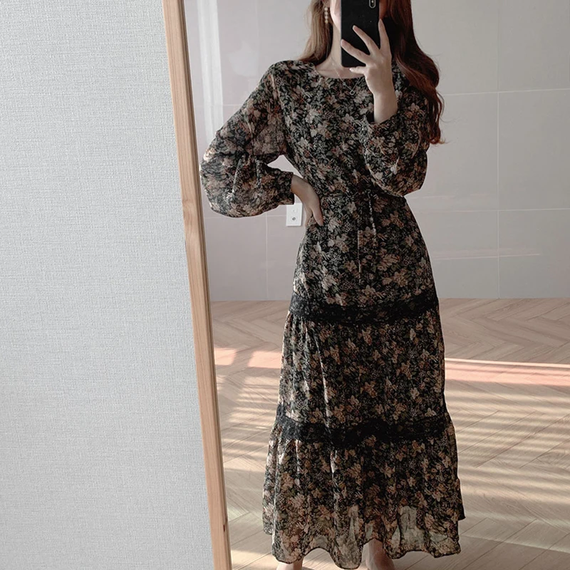 Женское винтажное платье BGTEEVER длинное с круглым вырезом и цветочным принтом на