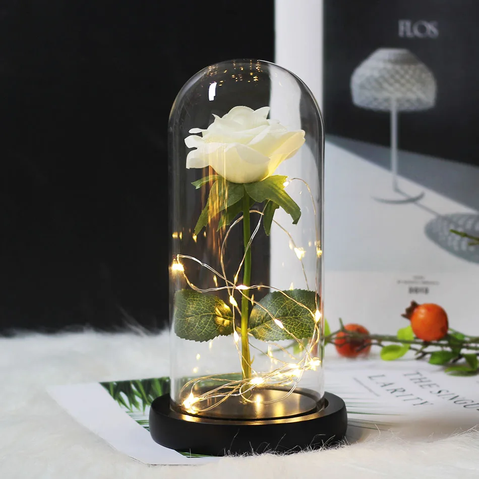 Black white Красота и с рисунком из мультфильма «Красавица и Чудовище» в виде красных роз с яркие светодиодные светильник в Стекло купол для Свадебная вечеринка, подарок на день Святого Валентина, подарок на день матери - Цвет: Black white