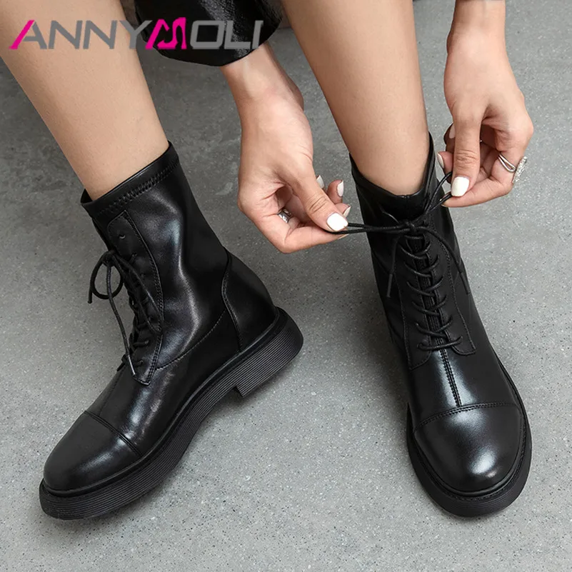 

ANNYMOLI Flat Platform Motorcycle Boots Woman Real Leather Ankle Boots Lace Up Short Boots Ladies Shoes Autumn Winter White 40