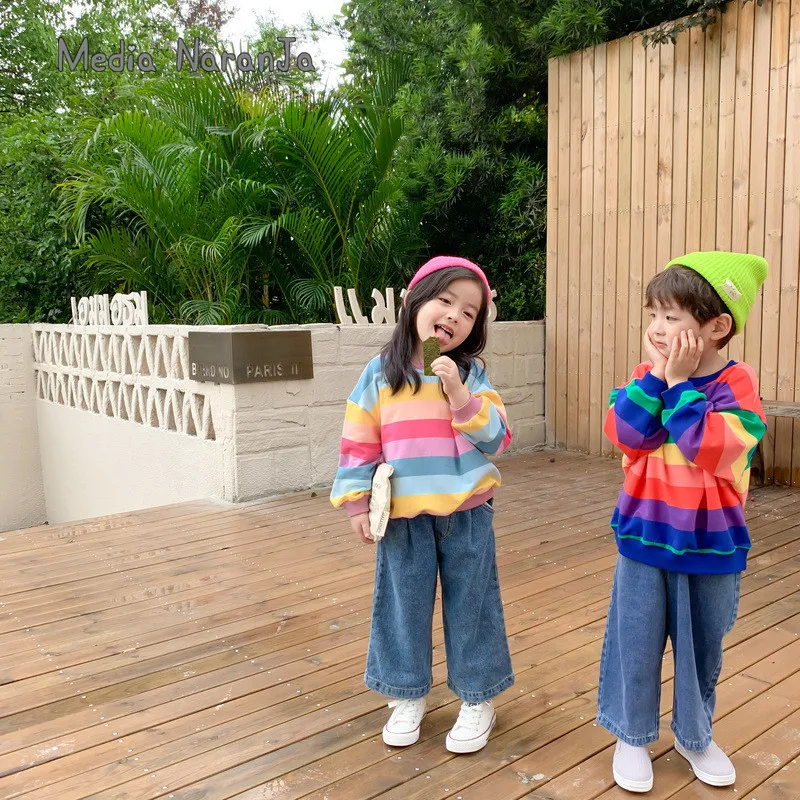 

Children's Sweatershirt Autumn Boys Girls Rainbow Striped Pullovers Middle and Small Kids Loose Tops
