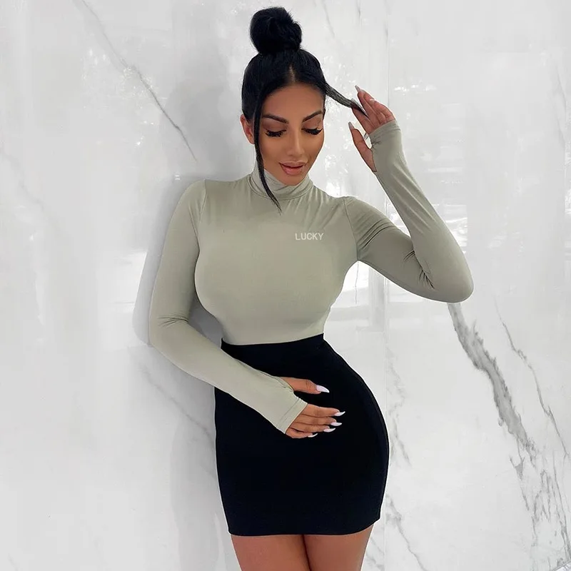 Autumn Women's High Neck Jumpsuit Lucky Letter Print Slim Bottoming Bodysuits  Long Sleeve Bodysuit for Women Romper