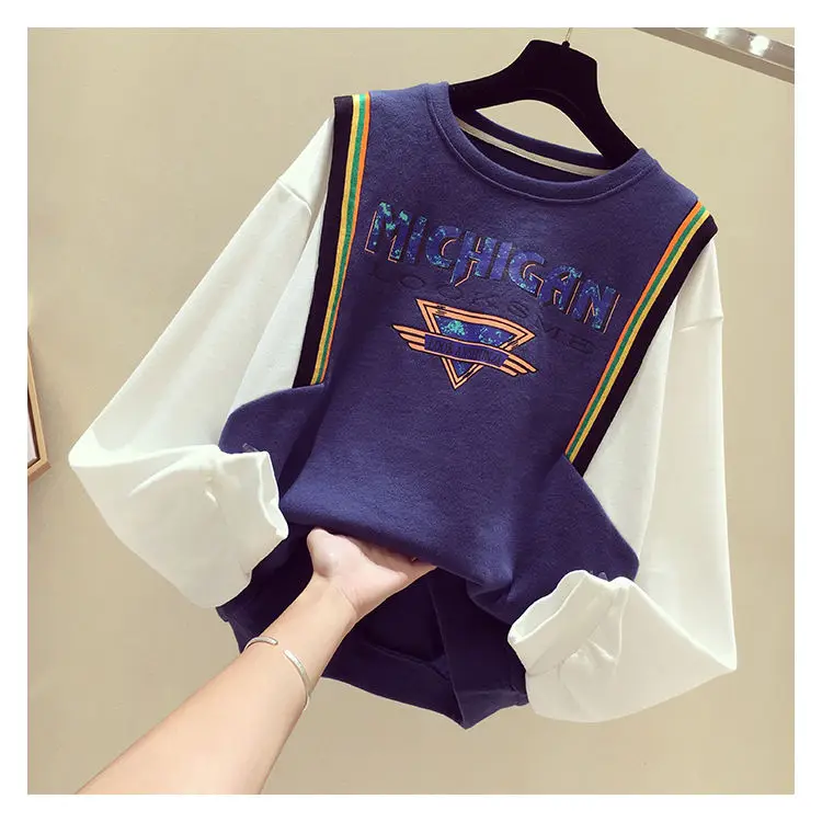

Stitched Sweater Women's Round Neck 2021 New Early Autumn Korean Loose and Versatile Long Sleeve Super Fire Fake Two-piece Top