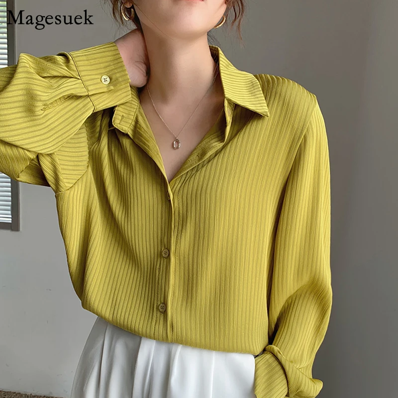 

Office Ladies Striped White Shirt Women Single-Breasted Long Sleeve Woman Blouses Tops Elegant Loose Shirts Blusas Mujer 13679