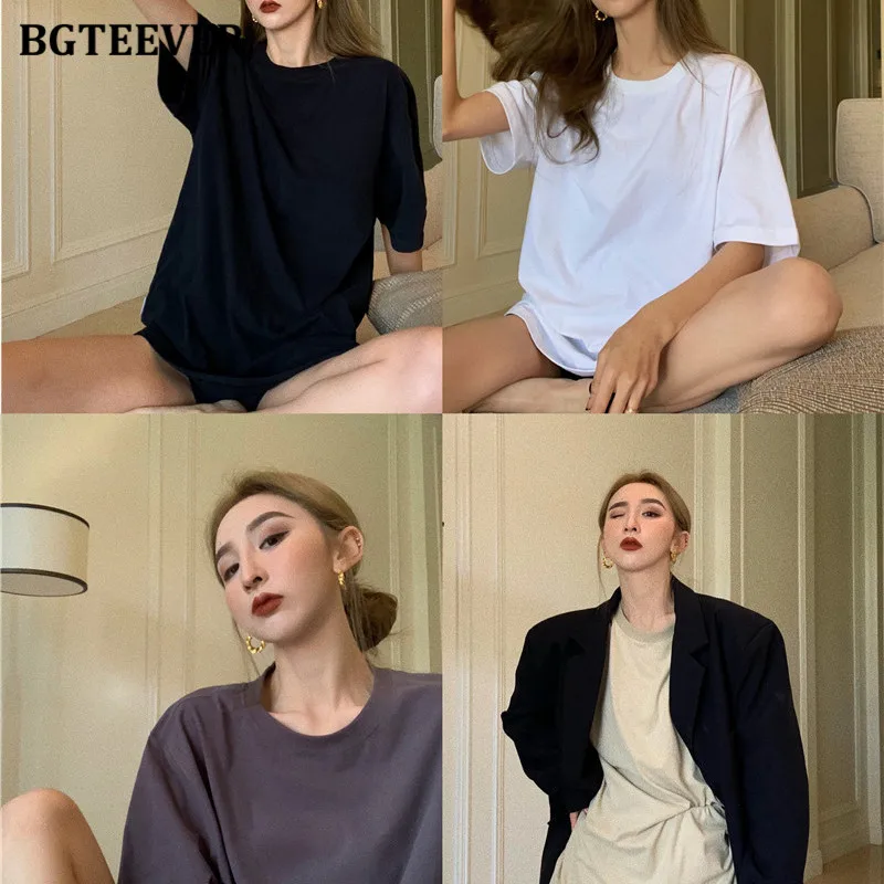 

BGTEEVER 2021 Summer Solid Loose Women T-shirts O-neck Short Sleeve Ladies Oversized Tops Casual Female Basic Pullover Tees