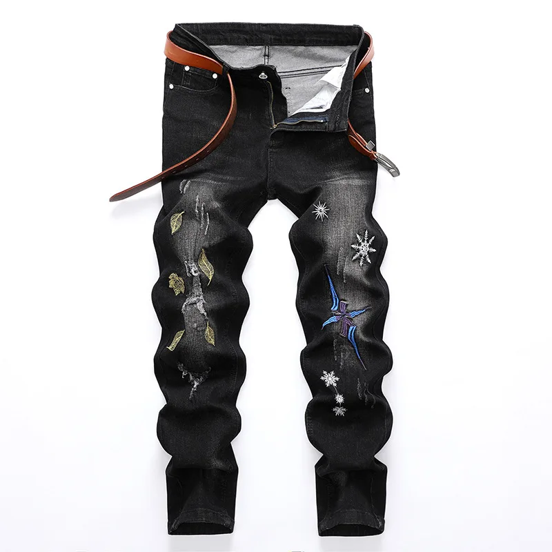

Fashion Hipster Hip Hop Streetwear Print Jeans Mens Slim Straight Denim Pants Embroidery Personality Male Casual Cowboy Trousers