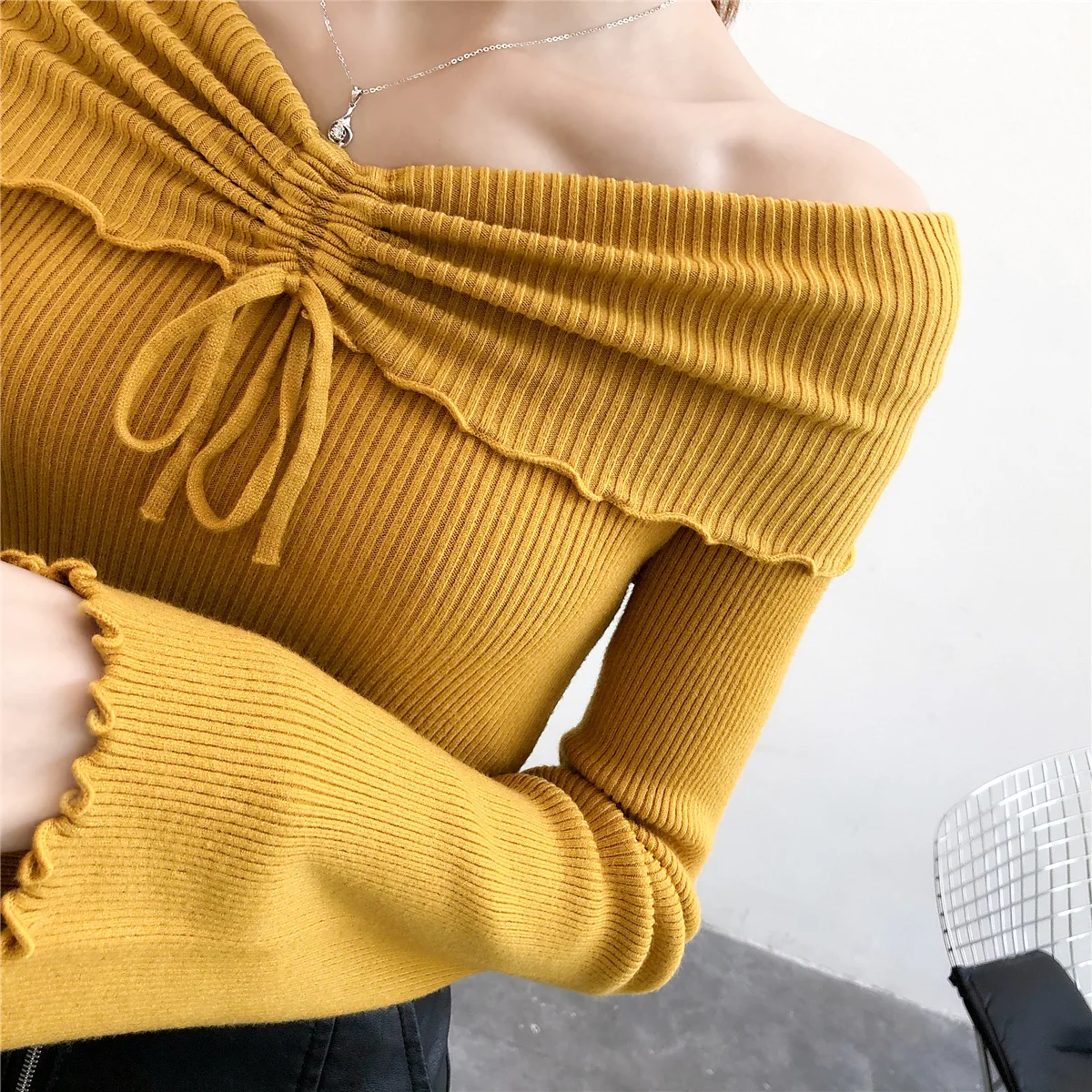 Осень зима 2020 новая Корейская рубашка с одним словом воротником на плече рукавом